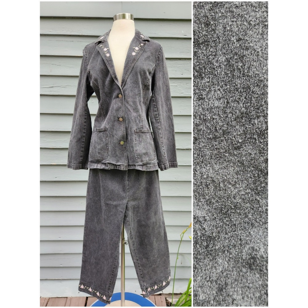 Vintage 90s Denim & Co Pant Set Charcoal Gray Floral Embroidered Acid Wash Md